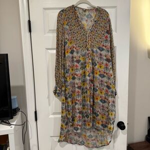 Anthropologie Blank London Mixed-Print Long Sleeve Front Slit Maxi Tunic Dress